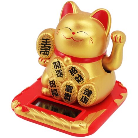 Solar Powered Waving Cat Wealth Welcoming Solar Cute Happy Lucky Cat Fortune Cat Statue Ornament for Home Car Decor Chinese Character Champagne (1/5)