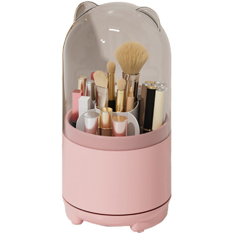 Makeup Brush Storage Container 360 Degree Rotating Dust Prevention Transparent Lid Large Capacity Makeup Brush Holder Pink (1/5)