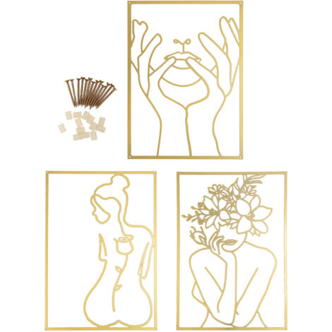 Single Line Art Wall Decor Iron Minimalist Female Line Drawing Home Hanging Wall Decor for Bedroom Kitchen Bathroom Living Room Gold 3PCS (1/5)