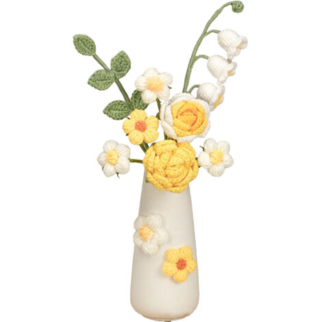 Simulation Woolen Flower Handmade Knitting Artificial Flower Crochet Knitted Flower with Ceramic Vase Table Flower Gift