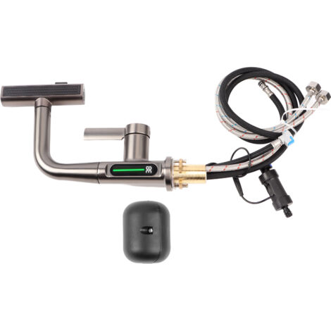 Pull Out Digital Display Faucet Copper 360 Degree Rotation 5 Water Flow Modes Pulling Lifting Faucet for Bathroom G1/2 Gray (1/5)