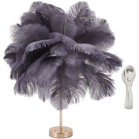 Ostrich Feather Table Lamp Rechargeable Modern Romantic Decoration Lamp Bedroom Bedside Lamp for Home Decoration Grey (1/5)