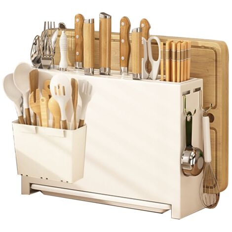 White Kitchen Chopsticks Knife Stand Cutting Board Integrated Magnet Draining Holder for Home