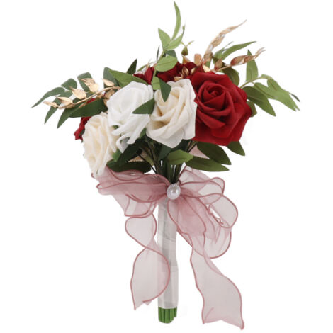 Wedding Bouquets Silk Plastic Realistic Romantic Hand Bouquet for Valentine's Day Party Church Burgundy And White (1/5)