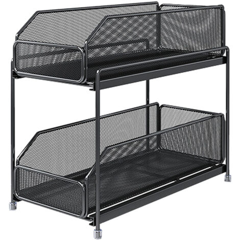 Pull Out Cabinet Organizer 2 Tier Carbon Steel Mesh Large Capacity Easy Maintenance Sliding Basket Drawer Black