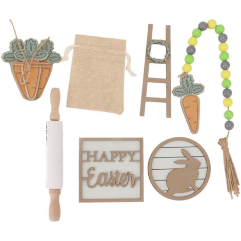 Easter Tiered Tray Decor Bunny Carrot String Bead Rolling Pin Ladder Wooden Easter Tray Decoration (1/5)