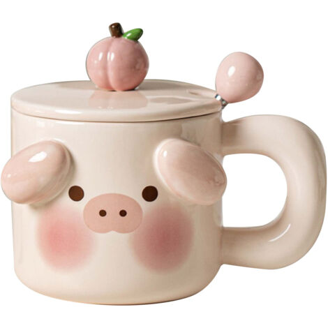 Cartoon Coffee Mug with Spoon Lid Cute Lovely Animal Shape Milk Cup Mug for Office School Pig Type (1/5)