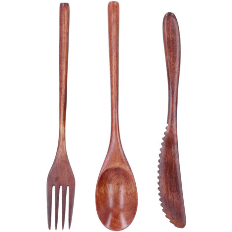3Pcs/Set Knife Fork and Spoon Wooden Portable Cutlery Dessert Tableware for Home Hotel