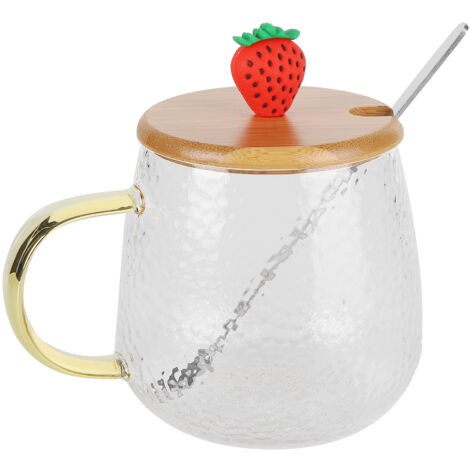 400ml Cute High Borosilicate Glass Cup HeatResistant Mug with Stainless Steel Spoon Bamboo Lid(Strawberry ) (1/5)