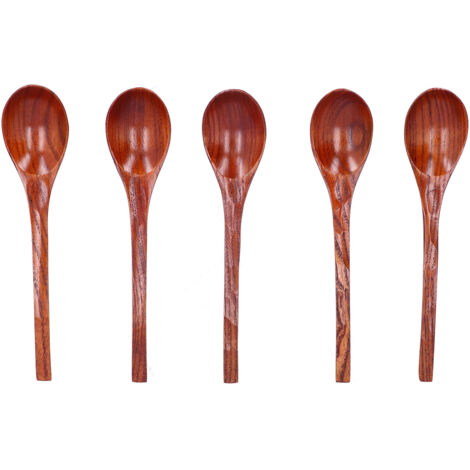 5pcs Wooden Spoon Non Slip Slow Heat Conduction Table Spoon with Long Handle for Cooking Stirring Hot Soup (1/5)