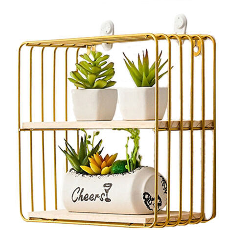 Wooden Iron Wall Shelf Living Room Kitchen Bathroom Elegant Exquisite Wall Mounted Storage Shelf Square Double Layer Golden