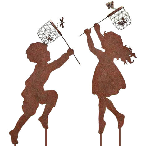 1 Pair Boy Girl Catching Butterfly Metal Decorative Garden Stakes Outdoor Garden Decor Boy Girl Silhouette Yard Stakes Spring Decor (1/5)