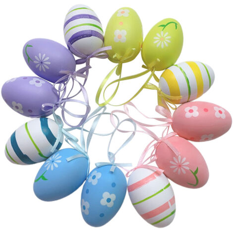 12 Pcs Easter Eggs for Hanging Plastic Colorful Easter Eggs with Silk Ribbon Decorative Easter Eggs for Hanging Outdoors (1/5)