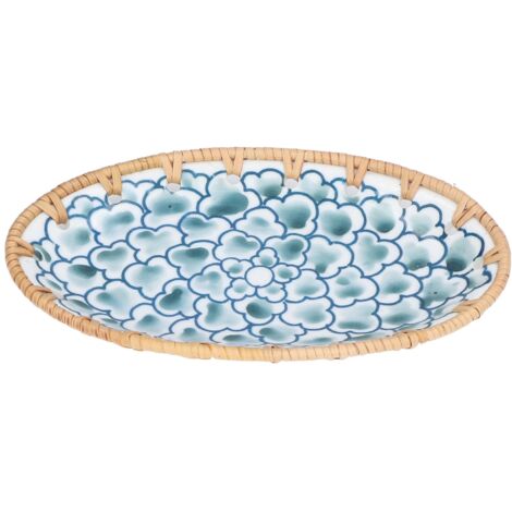 Woven Rattan Ceramic Plate Oval Woven Rattan Porcelain Fruit Plate for Wedding Party Banquet BirthdayInk Blue Flowers (1/5)