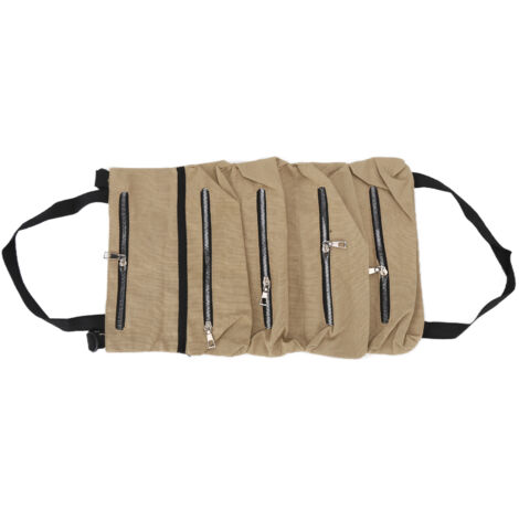 Tool Storage Bag Canvas Foldable Zipper Design Lightweight and Durable High Capacity Tool Roll Up Bag with StrapsKhaki (1/5)