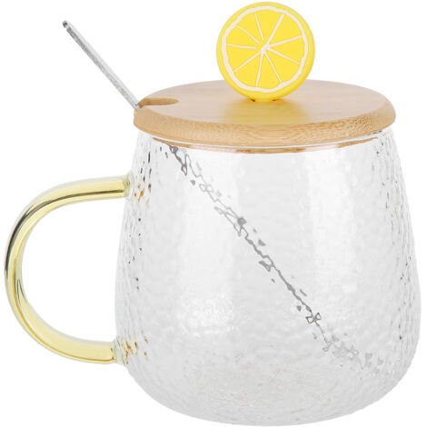400ml Cute High Borosilicate Glass Cup HeatResistant Mug with Stainless Steel Spoon Bamboo Lid(Lemon ) (1/5)
