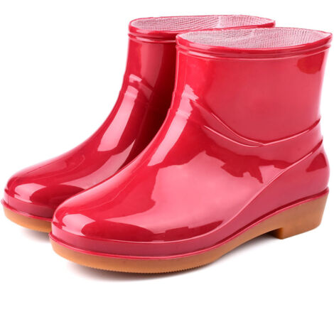 Womens Rain Boots Fashion Antiskid Short Rain Boot Round Head Radian PVC Plastic Rain Boots Red 37 (1/5)