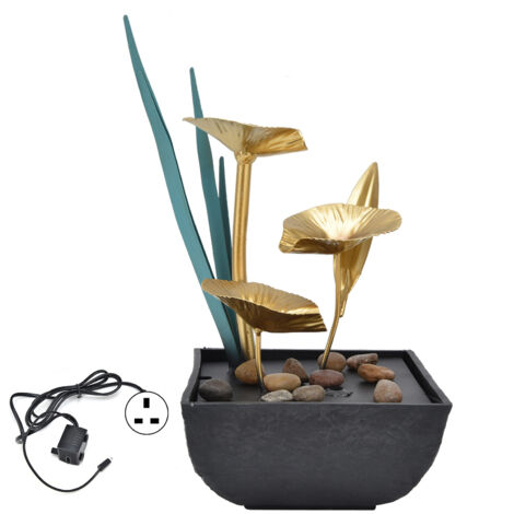 Indoor Tabletop Fountain Lotus LED Waterfall Fountain Ornament Feng Shui Art Craft Home DecorationUK Plug Yellow Light AC220‑240V (1/5)