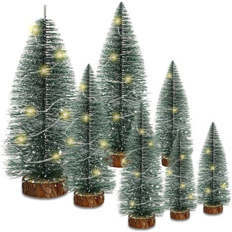7PCS Christmas Decorations Mini Sisal Christmas Trees Pine Trees Ornaments with Lamp and Wooden Base for Christmas Party Home Decoration (1/5)