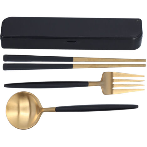 3Pcs/Set Portable Travel Utensils Stainless Steel Spoon Fork Chopsticks Set for SchoolBlack Gold (Black Storage Box)