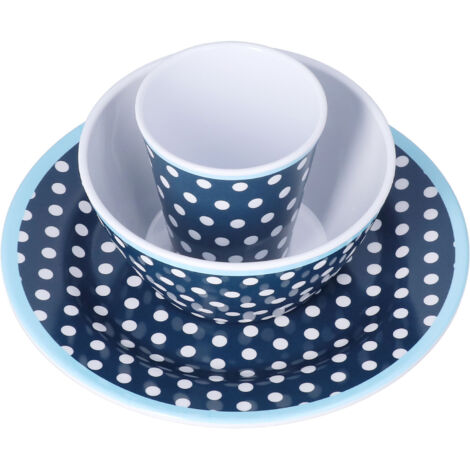 3 Piece Set of Salad Tableware Fruit Snack Plate Bowl and Cup Set Salad TablewareDark Blue Dots