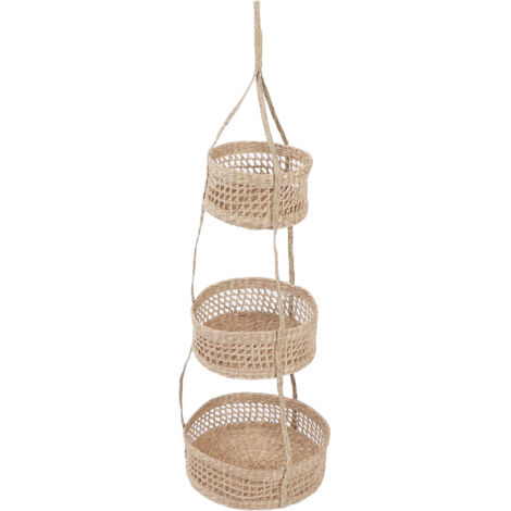 Hanging Fruit Basket Rattan 3 Tiers Multifunctional Foldable Elegant Style Easy Installation Hanging Produce Basket