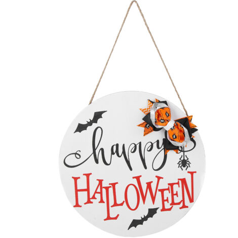 Door Sign Wooden Hanging Halloween Ornament Sign for for Outdoor Indoor Garden Home DecorationWhite with Bow (1/5)