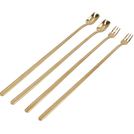 4Pcs 304 Stainless Steel Coffee Spoon Long Handle Coffee Spoon and Fork with Square Head Durable Easy Cleaning for Cafe and BarGold (1/5)