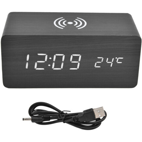 Digital Alarm Clock Wireless Charging Automatic Temperature Detection Safe Stable LED Electronic ClockBlack (1/5)