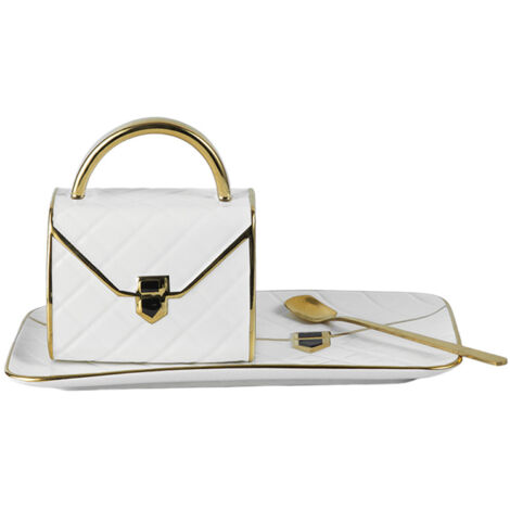 310ML Handbag Shaped Cup With Dish Spoon Ceramic Stylish Coffee Mug White (1/5)