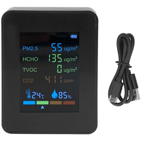 Multifunctional 6 in 1 CO2 Meter Air Quality Monitor Temperature PM2.5 TVOC HCHO Detector USB Charging Black