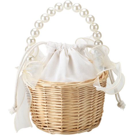 2pcs Pearl Carrying Basket Brown Rattan Small Pearl Handle Flower Basket for Wedding Gift Packaging (1/5)