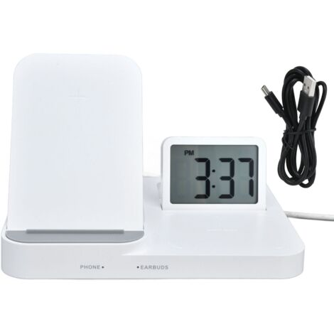3 in 1 LCD Digital Alarm Clock with Phone Earphone Wireless Charger USB Powered for Home Office White (1/5)