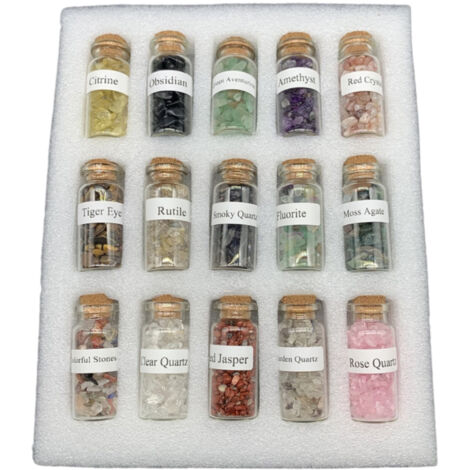15Pcs Mini Wishing Bottles Chip Stone Set Crystal Tumbled Reiki Stones Collection Gift Home Decor (1/5)