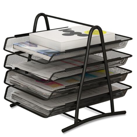 Office Desk Document Tray Mesh Bracket Paper Letter Shelf Holder Black Metal for Home Study School 4 Layers (1/3)
