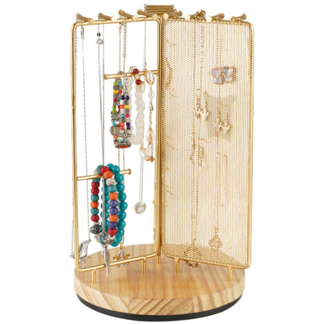 3 in 1 Jewelry Stand Display Multi Tiers Wooden Swivel Base Jewelry Display Holder for Necklace Gold (1/5)