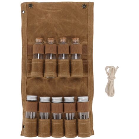 Spice Bottle Bag Wet Wax Canvas Portable Seasoning Storage Bag with 9 Glass Seasoning Bottle for Outdoor Camping Khaki (1/5)