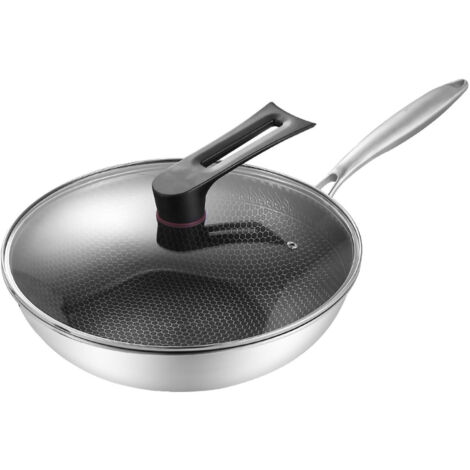Stainless Steel Wok Pan Double Sided Honeycomb 3 Layer Prevent Sticking Easy Cleaning Wok for Kitchen 32cm/12.6in (with Lid and No Ears)