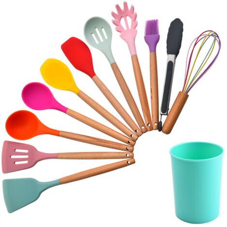12pcs Cooking Utensils Set Silicone Colorful Wood Handle Cooking Kitchen Utensil Set Colorful (1/5)