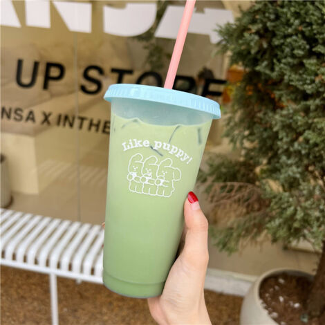 Plastic Coffee Cup Large Capacity Cute Water Cup With Straw Lid for Summer Cold Drinking Three Bears 700ml (1/5)