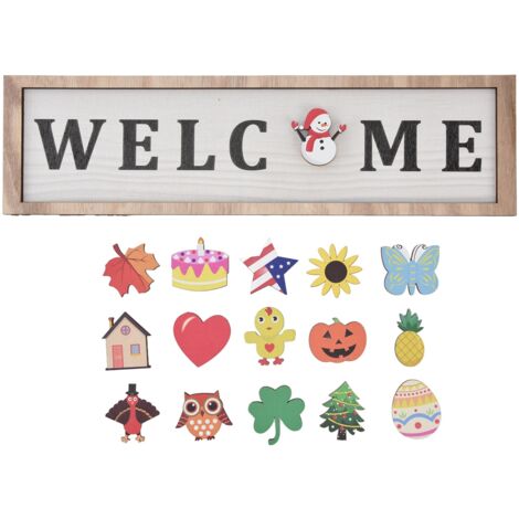 Door Sign Wooden Seasonal Rustic Welcome Door Decoration with 16 Interchangeable Icons for Farmhouse Office Home