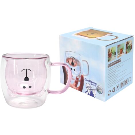 250ml Bear Shaped Glass Cup Double Wall Water Tea Coffee Milk Mug with Handle for HomePink (1/5)
