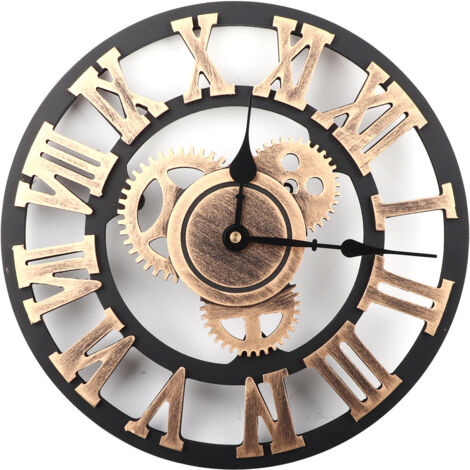 3D Rustic Handmade Wall Clock Gear Wooden Vintage Decor for Living Room/Office/Bar 30cm Gold (1/5)