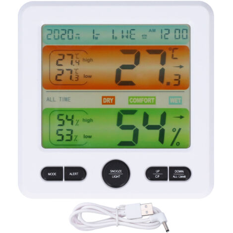 LCD Electronic Alarm Clock Temperature Humidity Monitoring Alarm for Indoor Home UseWhite (1/5)