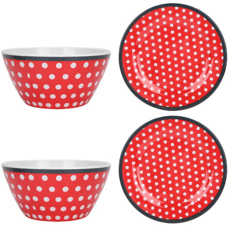 4Pcs Salad Dish Set Red Dots Imitation Porcelain Plate Fruit Food Cake Dish Dinnerware for Kitchen