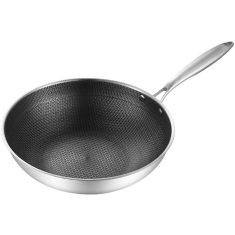 Stainless Steel Wok Pan Double Sided Honeycomb 3 Layer Prevent Sticking Easy Cleaning Wok for Kitchen 34cm/13.4in (No Lid and No Ears)