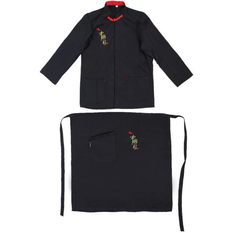 2Pcs Vintage Unisex Chef's Uniform Set Cook Jacket Long Sleeve Chef Coat with Apron(Black XXL) (1/5)