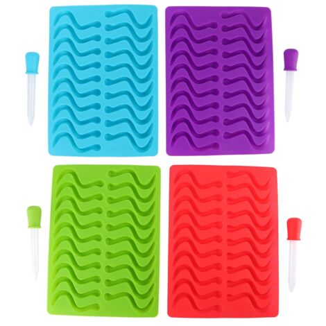 4Pcs Silicone Earthworm Shape Fondant Candy Mold with Dropper Baking Tool Red Blue Green Purple (1/5)