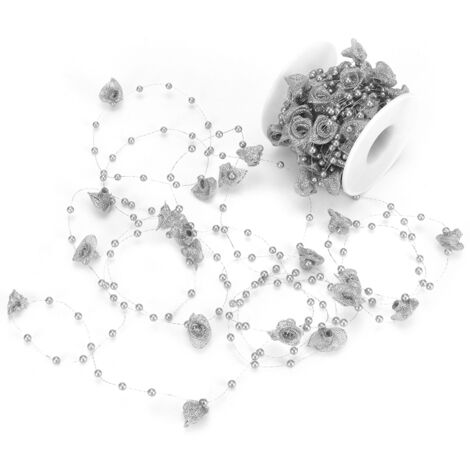 10M Imitation Pearl Beads Chains Ribbon Rose Flower Thread Beaded Line Clothing Accessories DIY Material Headwear DecorSilver (1/5)