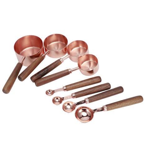 8Pcs Rose Gold Stainless Steel Measuring Spoon Set with Wood Handles Kitchen Baking Accessory (1/5)